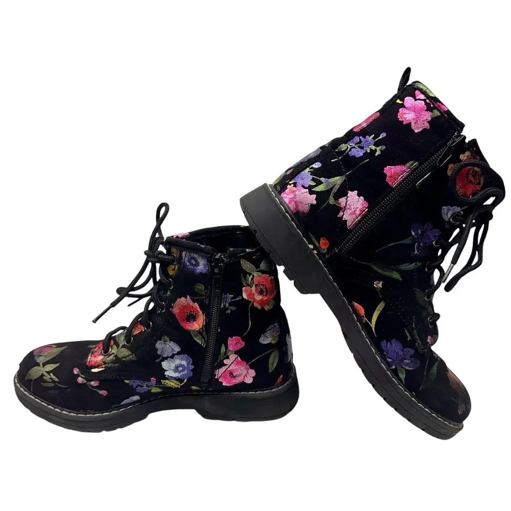 Steve Madden Betty Black Pink‎ Floral Soft Velvet Lace Up Combat Boots Girls 4